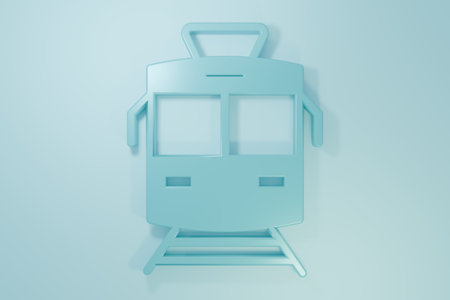 Blue Tram and railway icon isolated on blue background. Public transportation symbol. Minimalism concept. 3D render illustration.の写真素材