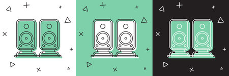 Set Stereo speaker icon isolated on white and green, black background. Sound system speakers. Music icon. Musical column speaker bass equipment. Vector.のイラスト素材