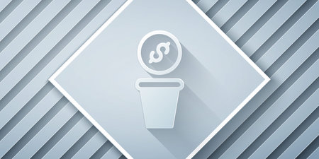 Paper cut Donation money icon isolated on gray background. Hand give money as donation symbol. Donate money and charity concept. Paper art style. Vector.のイラスト素材