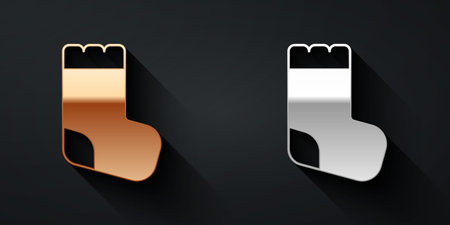 Gold and silver Baby socks clothes icon isolated on black background. Long shadow style. Vector.のイラスト素材