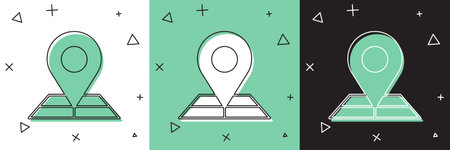 Set Folded map with location marker icon isolated on white and green, black background. Vector.のイラスト素材