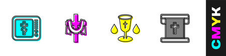 Set Online church pastor preaching, Christian cross, chalice and Flag with Christian icon. Vector.