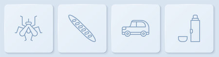 Set line Mosquito Car French baguette bread and Thermos container. White square button. Vector.のイラスト素材