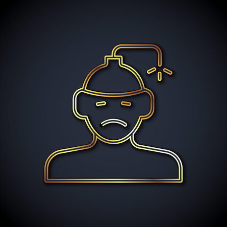 Gold line Concussion, headache, dizziness, migraine icon isolated on black background. Vector.のイラスト素材