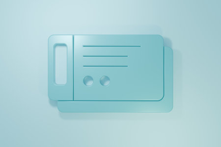 Blue Travel ticket icon isolated on blue background. Train, ship, plane, tram, bus transport. Travel service concept. Minimalism concept. 3D render illustration.の写真素材