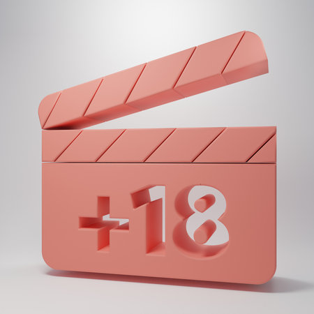 Pink Movie clapper with 18 plus content icon isolated on pink background. Age restriction symbol. Minimalism concept. 3D render illustration.の写真素材