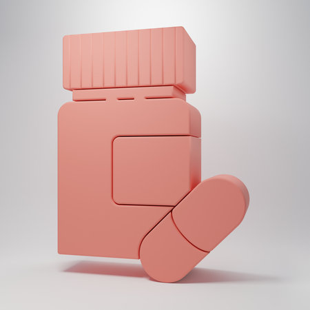 Pink Medicine bottle and pills icon isolated on pink background. Bottle pill sign. Pharmacy design. Minimalism concept. 3D render illustration.の写真素材