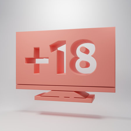 Pink Computer monitor with 18 plus content icon isolated on pink background. Age restriction symbol. Minimalism concept. 3D render illustration.の写真素材