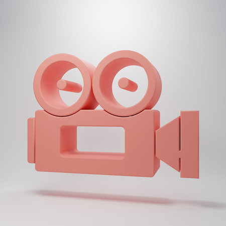 Pink Cinema camera icon isolated on pink background. Video camera. Movie sign. Film projector. Minimalism concept. 3D render illustration.の写真素材