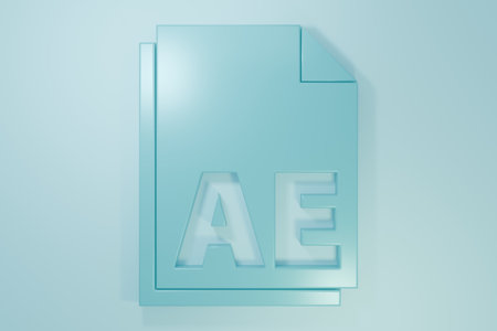 Blue AE file document icon isolated on blue background. Minimalism concept. 3D render illustration.の写真素材