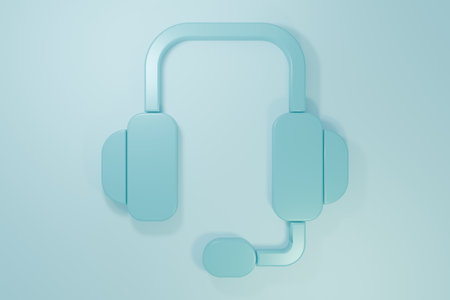Blue Headphones icon isolated on blue background. Support customer service, hotline, call center, faq, maintenance. Minimalism concept. 3D render illustration.の写真素材