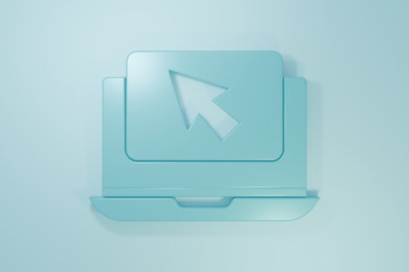 Blue Laptop and cursor icon isolated on blue background. Computer notebook with empty screen sign. Minimalism concept. 3D render illustration.の写真素材