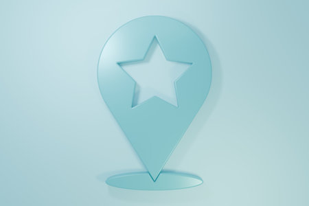 Blue Map pointer with star icon isolated on blue background. Star favorite pin map icon. Map markers. Minimalism concept. 3D render illustration.の写真素材
