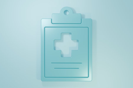 Blue Medical clipboard with clinical record icon isolated on blue background. Health insurance form. Prescription, medical check marks report. Minimalism concept. 3D render illustration.の写真素材