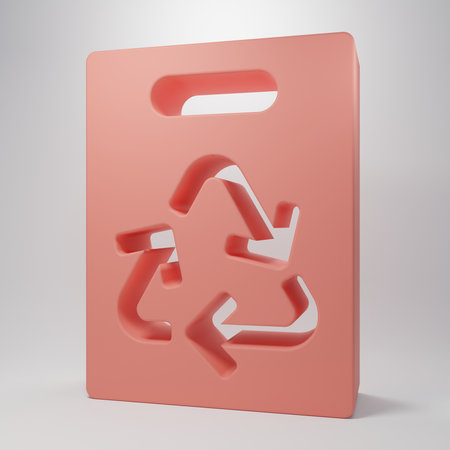 Pink Paper shopping bag with recycle icon isolated on pink background. Bag with recycling symbol. Minimalism concept. 3D render illustration.の写真素材