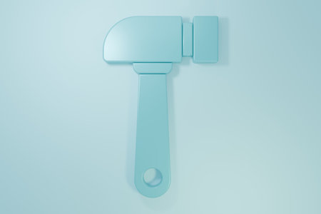 Blue Hammer icon isolated on blue background. Tool for repair. Minimalism concept. 3D render illustration.の写真素材