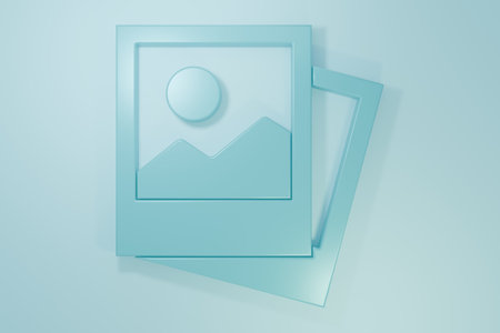 Blue Photo icon isolated on blue background. Minimalism concept. 3D render illustration.の写真素材