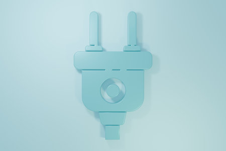 Blue Electric plug icon isolated on blue background. Concept of connection and disconnection of the electricity. Minimalism concept. 3D render illustration.の写真素材