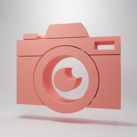Pink Photo camera icon isolated on pink background. Photo camera icon. Minimalism concept. 3D render illustration.の写真素材