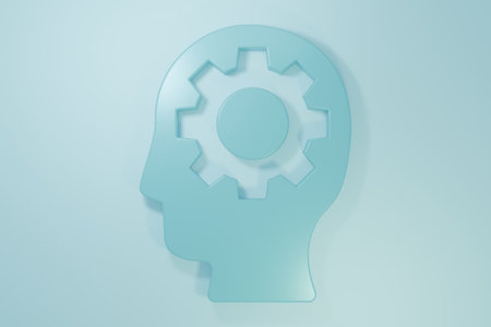 Blue Human head with gear inside icon isolated on blue background. Artificial intelligence. Thinking brain. Symbol work of brain. Minimalism concept. 3D render illustration.の写真素材