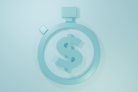 Blue Time is money icon isolated on blue background. Money is time. Effective time management. Convert time to money. Stopwatch sign. Minimalism concept. 3D render illustration.の写真素材