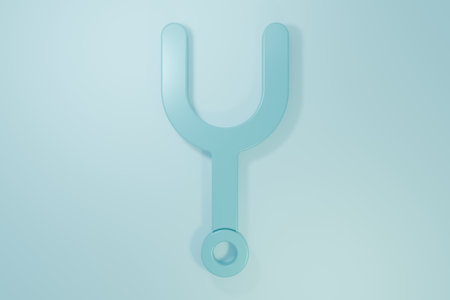 Blue Musical tuning fork for tuning musical instruments icon isolated on blue background. Minimalism concept. 3D render illustration.の写真素材