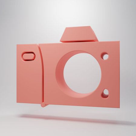 Pink Photo camera icon isolated on pink background. Photo camera icon. Minimalism concept. 3D render illustration.の写真素材