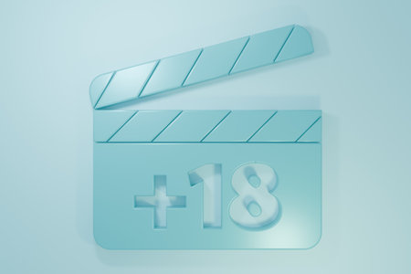 Blue Movie clapper with 18 plus content icon isolated on blue background. Age restriction symbol. Minimalism concept. 3D render illustration.の写真素材