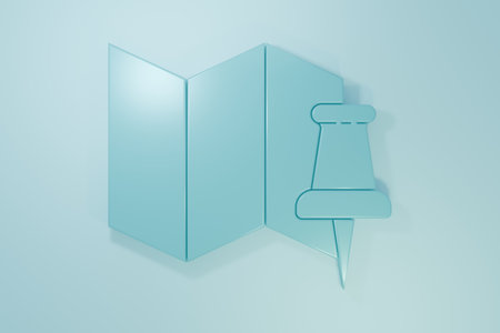 Blue Folded map with push pin icon isolated on blue background. Minimalism concept. 3D render illustration.の写真素材