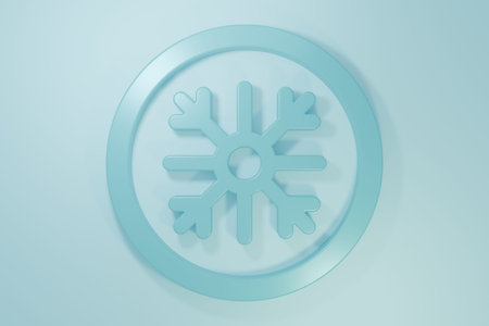 Blue Snowflake icon isolated on blue background. Minimalism concept. 3D render illustration.の写真素材