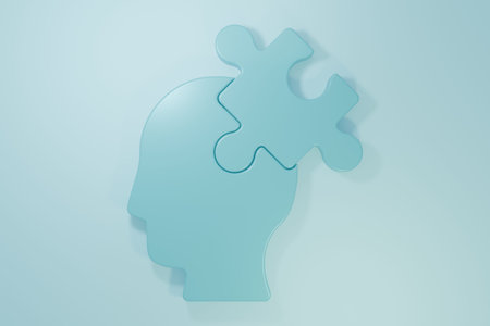 Blue Solution to the problem in psychology icon isolated on blue background. Puzzle. Therapy for...