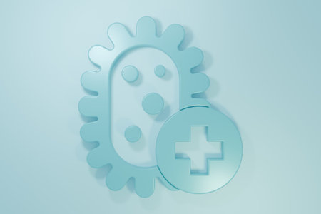 Blue Positive virus icon isolated on blue background. Bacteria and germs, cell cancer, microbe, fungi. Minimalism concept. 3D render illustration.の写真素材
