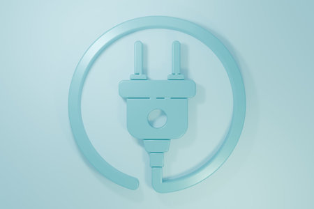 Blue Electric plug icon isolated on blue background. Concept of connection and disconnection of the electricity. Minimalism concept. 3D render illustration.の写真素材