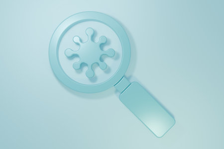Blue Virus under magnifying glass icon isolated on blue background. Corona virus 2019-nCoV. Bacteria and germs, microbe, fungi. Minimalism concept. 3D render illustration.の写真素材