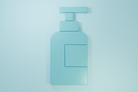 Blue Bottle of shampoo icon isolated on blue background. Minimalism concept. 3D render illustration.の写真素材