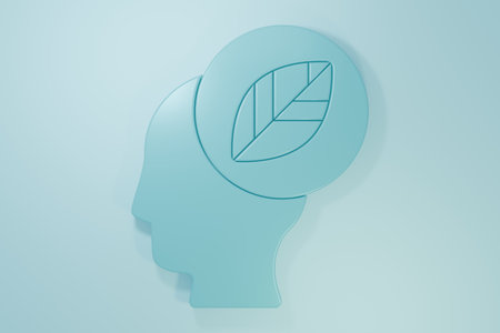 Blue Human head with leaf inside icon isolated on blue background. Minimalism concept. 3D render illustration.の写真素材