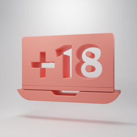 Pink Laptop with 18 plus icon isolated on pink background. Age restriction symbol. Minimalism concept. 3D render illustration.の写真素材