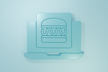 Blue Online ordering and delivery burger icon isolated on blue background. Minimalism concept. 3D render illustration.の写真素材