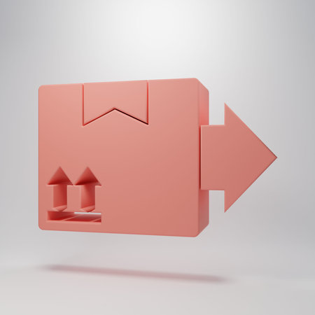 Pink Cardboard box with traffic symbol icon isolated on pink background. Box, package, parcel....