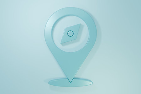 Blue Compass icon isolated on blue background. Windrose navigation symbol. Wind rose sign. Minimalism concept. 3D render illustration.の写真素材