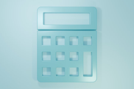 Blue Calculator icon isolated on blue background. Accounting symbol. Business calculations mathematics education and finance. Minimalism concept. 3D render illustration.の写真素材