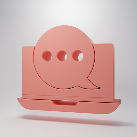 Pink New chat messages notification on laptop icon isolated on pink background. Smartphone chatting sms messages speech bubbles. Minimalism concept. 3D render illustration.の写真素材