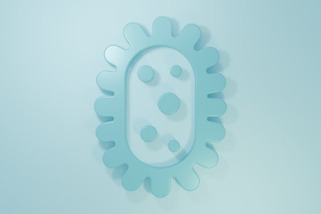 Blue Virus icon isolated on blue background. Corona virus 2019-nCoV. Bacteria and germs, cell cancer, microbe, fungi. Minimalism concept. 3D render illustration.の写真素材