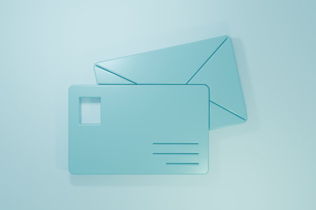 Blue Envelope icon isolated on blue background. Email message letter symbol. Minimalism concept. 3D render illustration.の写真素材