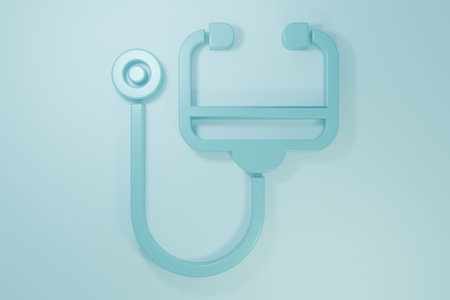 Blue Stethoscope medical instrument icon isolated on blue background. Minimalism concept. 3D render illustration.の写真素材