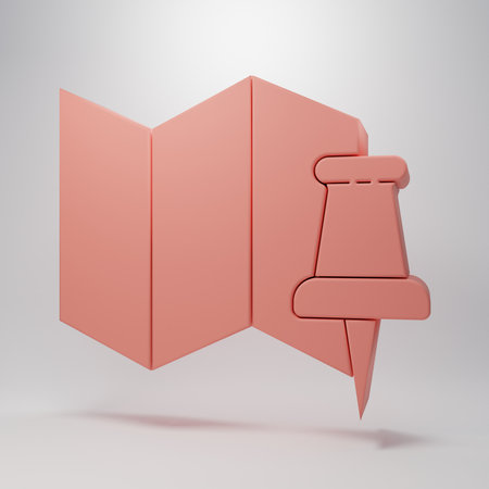 Pink Folded map with push pin icon isolated on pink background. Minimalism concept. 3D render illustration.の写真素材