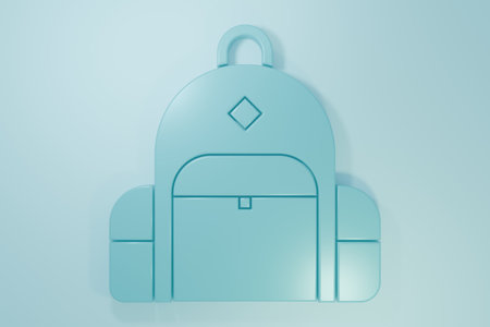 Blue Hiking backpack icon isolated on blue background. Camping and mountain exploring backpack. Minimalism concept. 3D render illustration.の写真素材