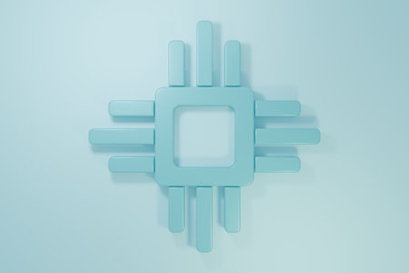 Blue Computer processor with microcircuits CPU icon isolated on blue background. Chip or cpu with circuit board. Micro processor. Minimalism concept. 3D render illustration.の写真素材