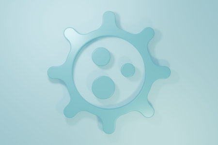 Blue Virus icon isolated on blue background. Corona virus 2019-nCoV. Bacteria and germs, cell cancer, microbe, fungi. Minimalism concept. 3D render illustration.の写真素材