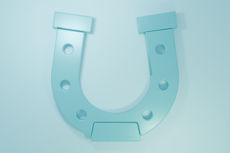 Blue Horseshoe icon isolated on blue background. Minimalism concept. 3D render illustration.の写真素材